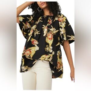 Free People XS Black Floral Print Jodie Night Combo Tunic Oversized Mini Dress